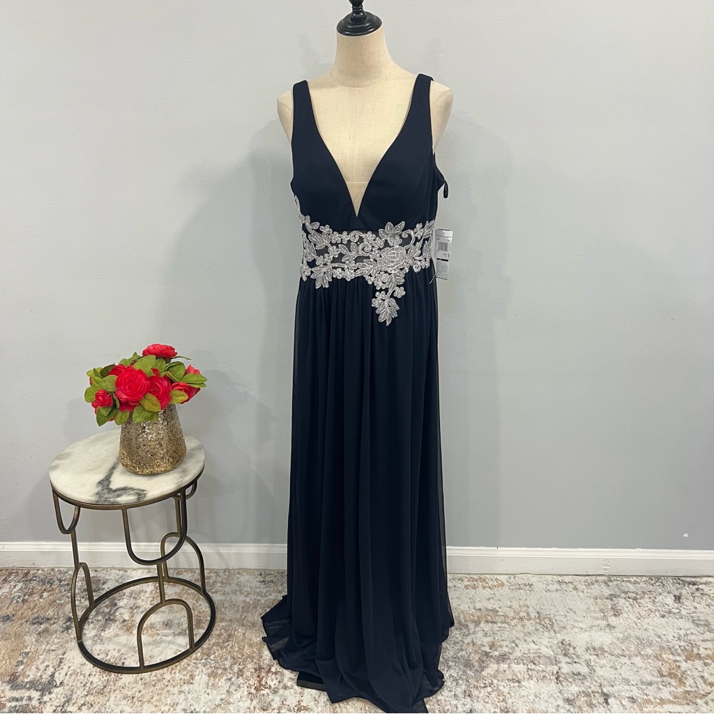 B & A By Betsy & Adam Navy Embellished Embroidered Waist V Neck Sleeveless Gown